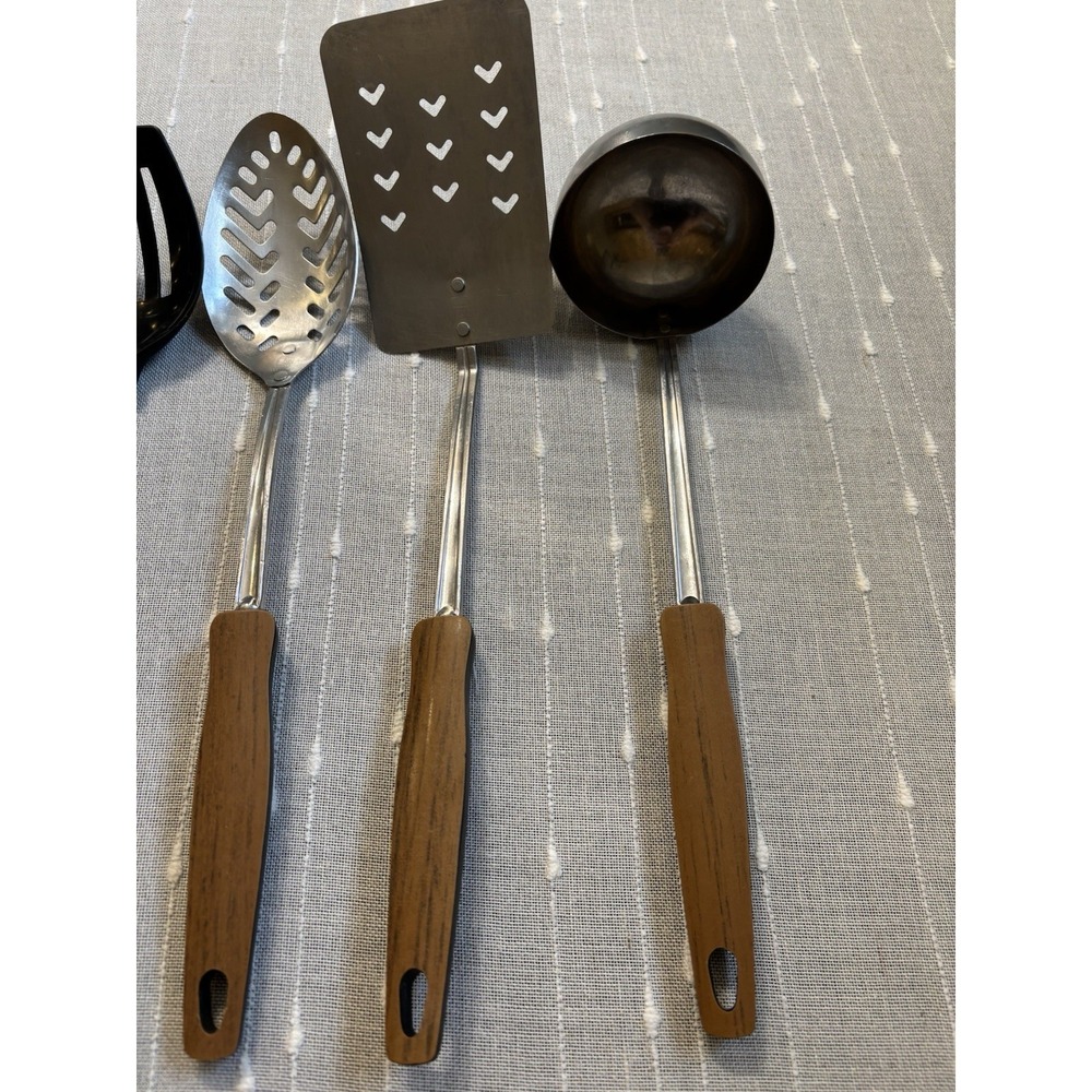 Vintage EKCO USA 5-Piece Stainless Steel Kitchen Utensil Set | Faux Wood MCM - Picture 3 of 7